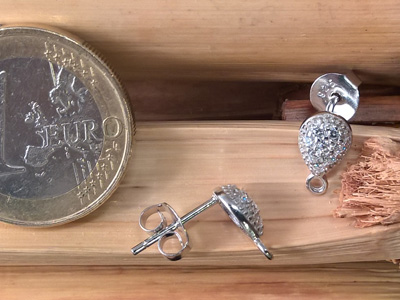 2 pcs earring 6x10mm, silver rhodium plated, rhinestone