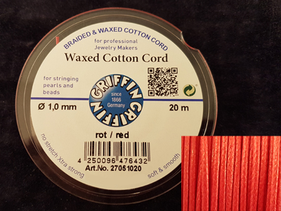 waxed cotton cord, red, 1.0mm/20m