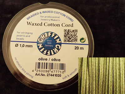 waxed cotton cord, olive, 1.0mm/20m