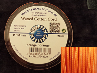 waxed cotton cord, orange, 1.0mm/20m