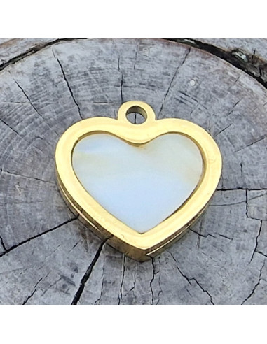 Charm Herz/Perlmutt 11mm, Edelstahl gold