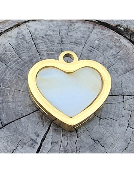 Charm Herz/Perlmutt 11mm, Edelstahl gold