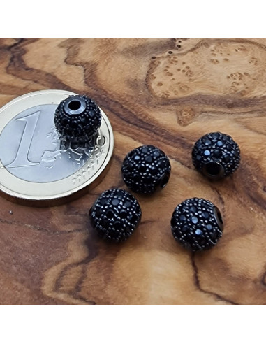 Zwischenteil Kugel schwarz mit Strass 8mm, Metall silberfarben