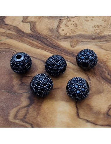 Zwischenteil Kugel schwarz mit Strass 8mm, Metall silberfarben