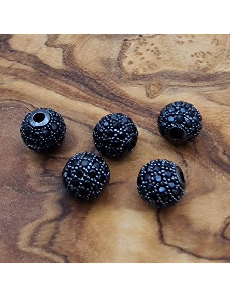 Zwischenteil Kugel schwarz mit Strass 8mm, Metall silberfarben