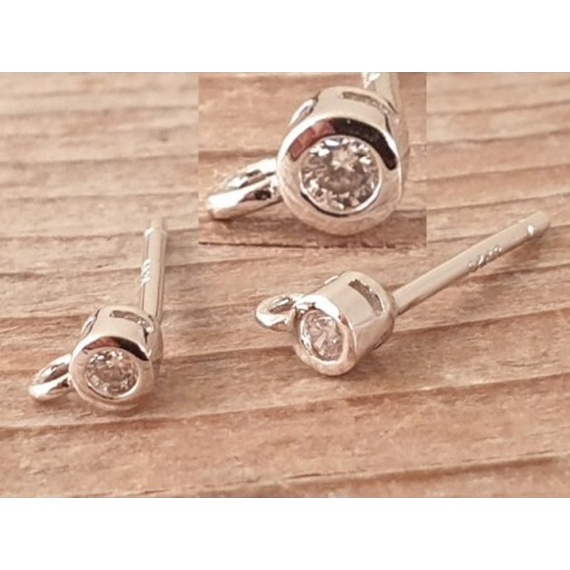 2 Stk. Ohrstecker 3mm, 925 Silber rhodiniert, Strass